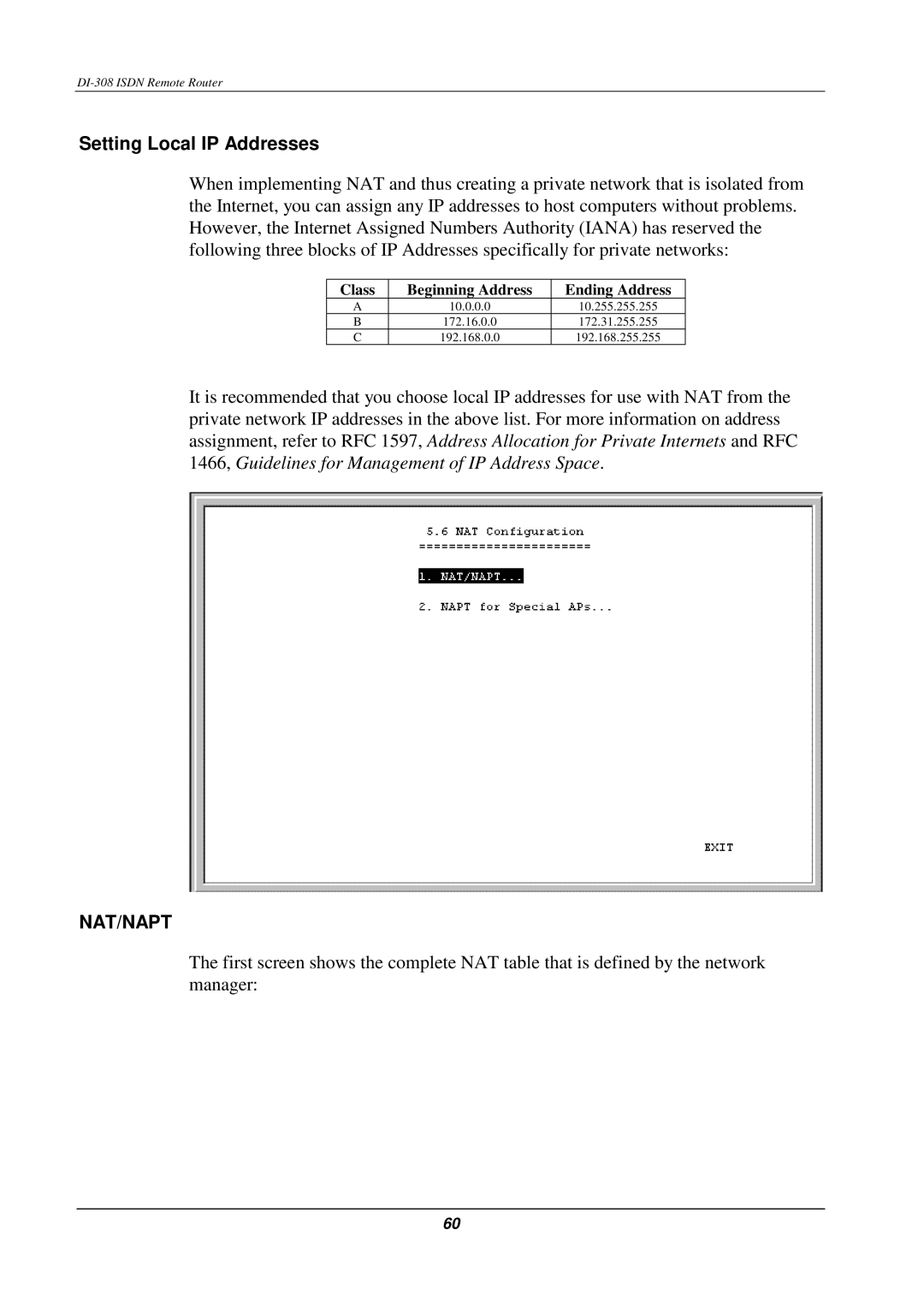 D-Link DI-308 manual Setting Local IP Addresses, Nat/Napt 