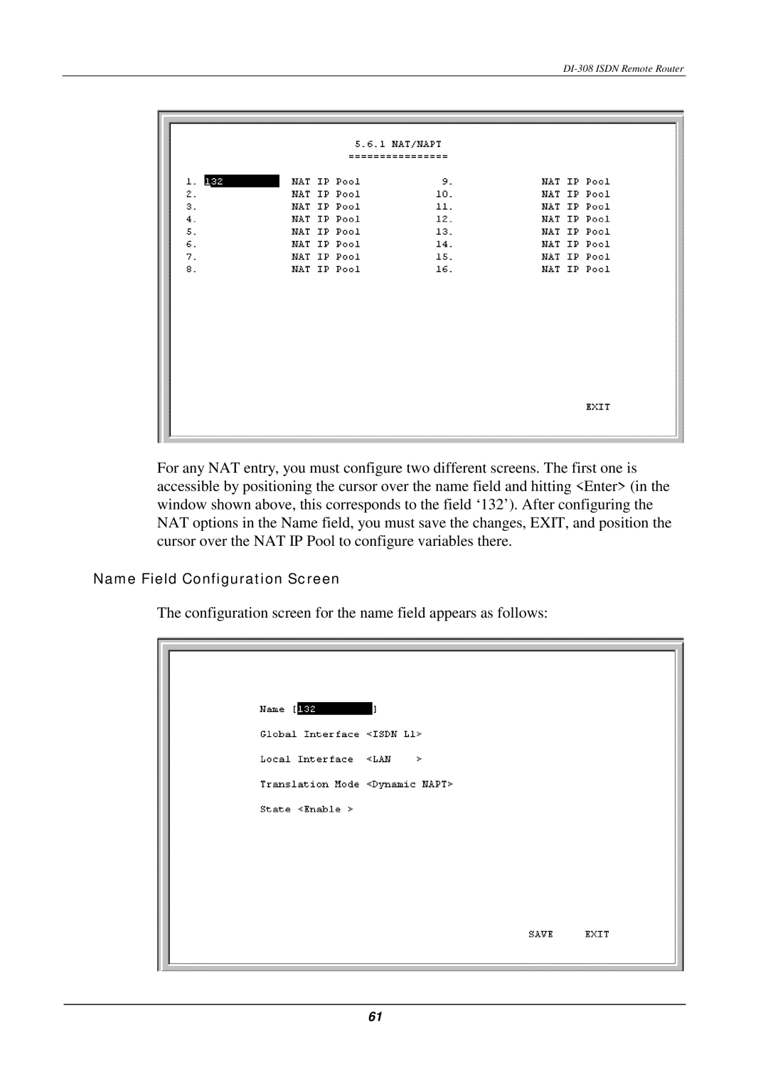 D-Link DI-308 manual Configuration screen for the name field appears as follows 