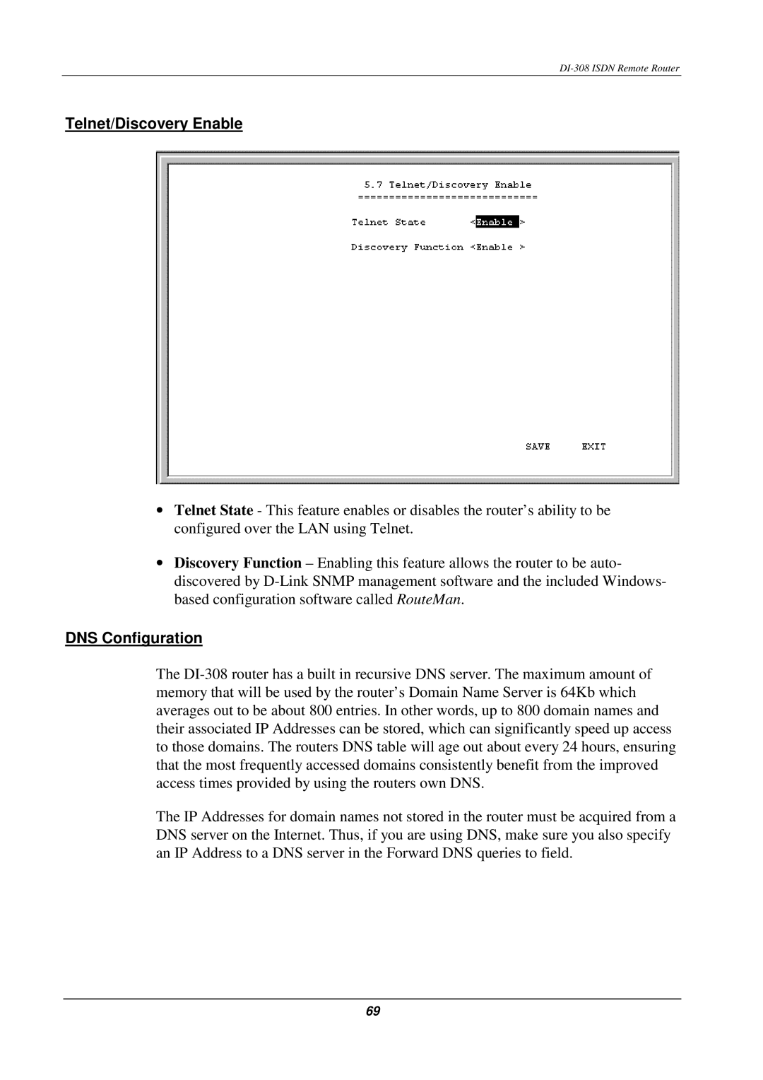 D-Link DI-308 manual Telnet/Discovery Enable, DNS Configuration 