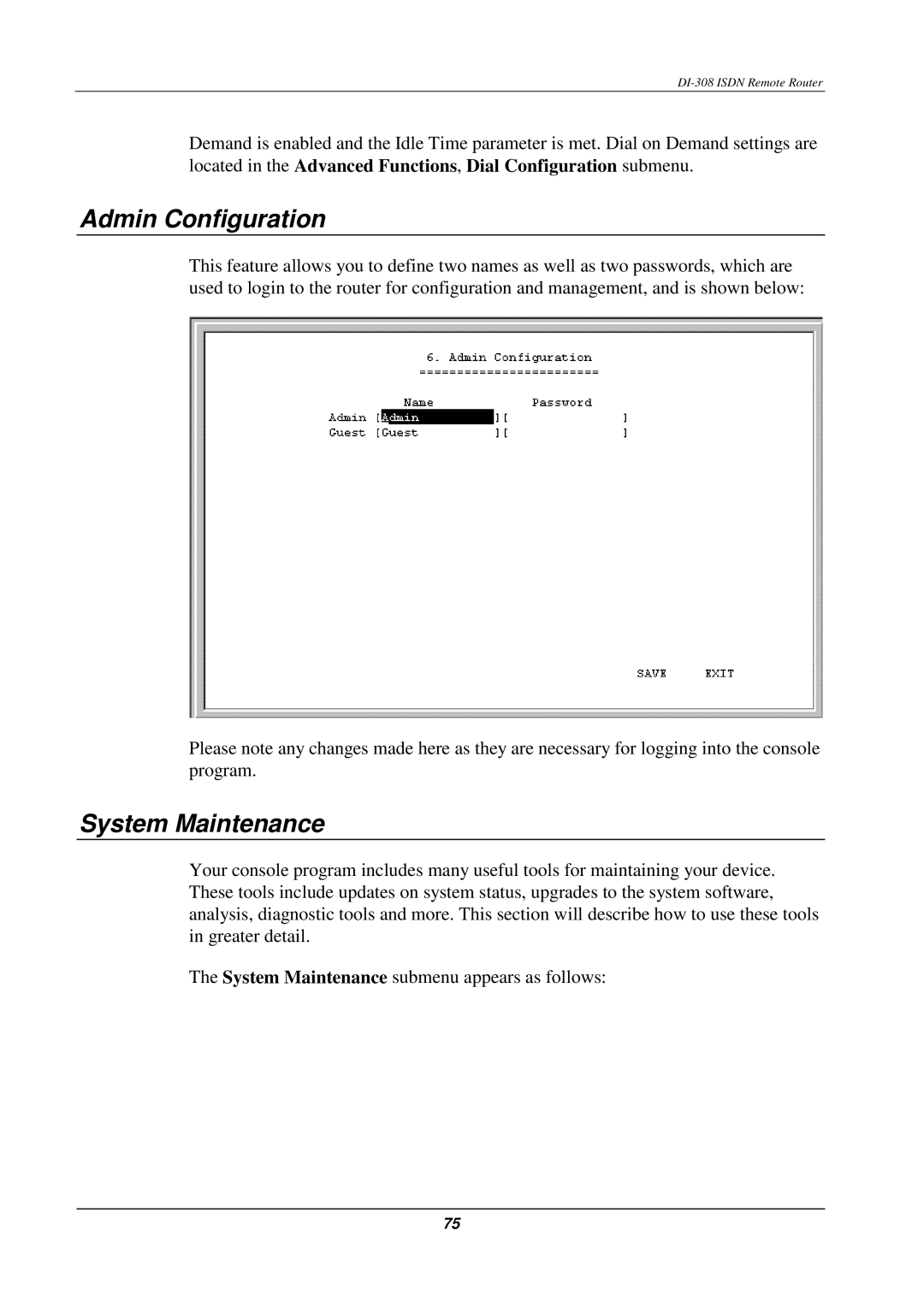 D-Link DI-308 manual Admin Configuration, System Maintenance 