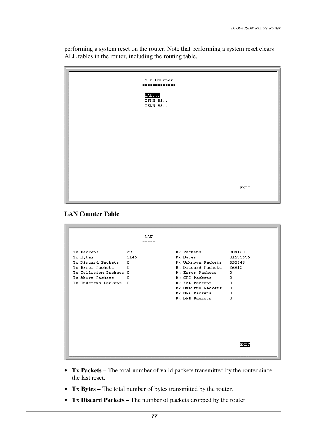 D-Link DI-308 manual LAN Counter Table 