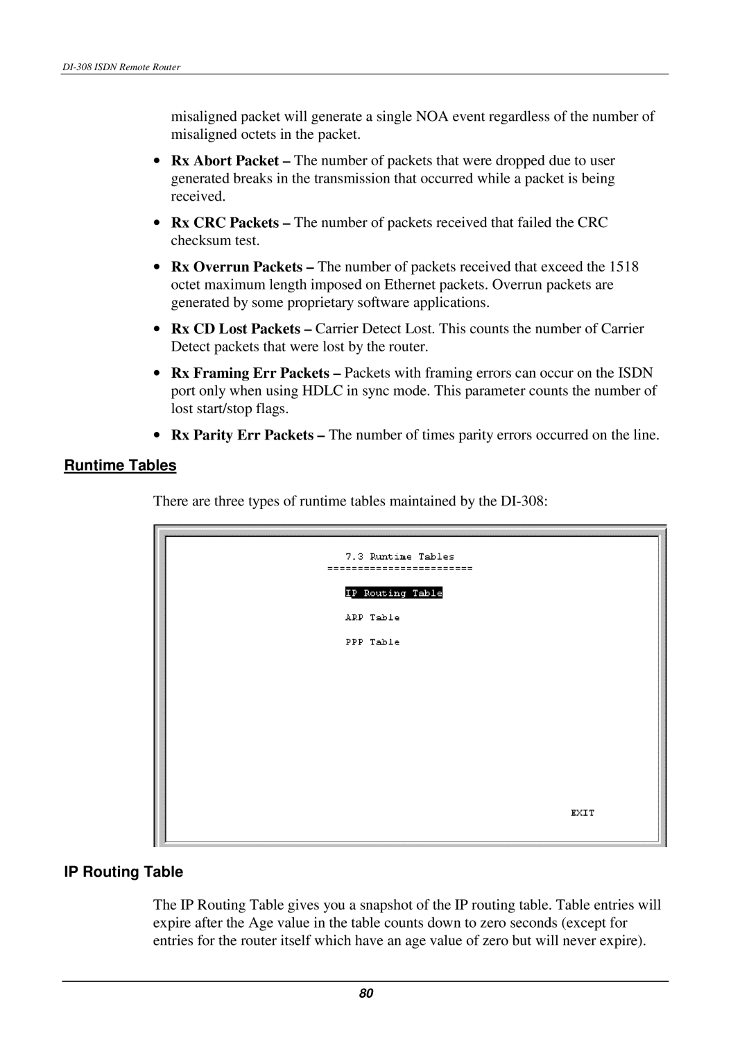 D-Link DI-308 manual Runtime Tables, IP Routing Table 