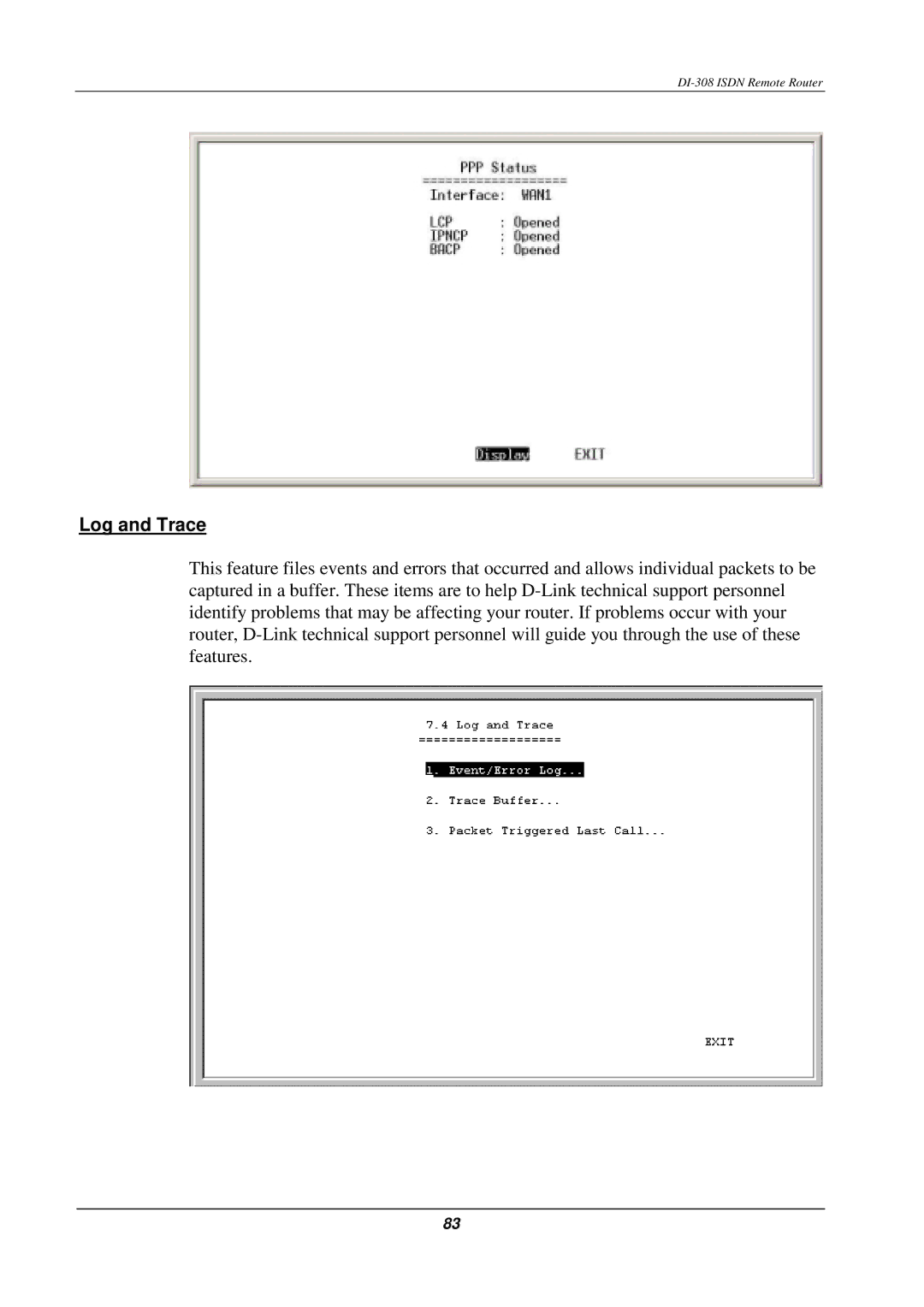 D-Link DI-308 manual Log and Trace 