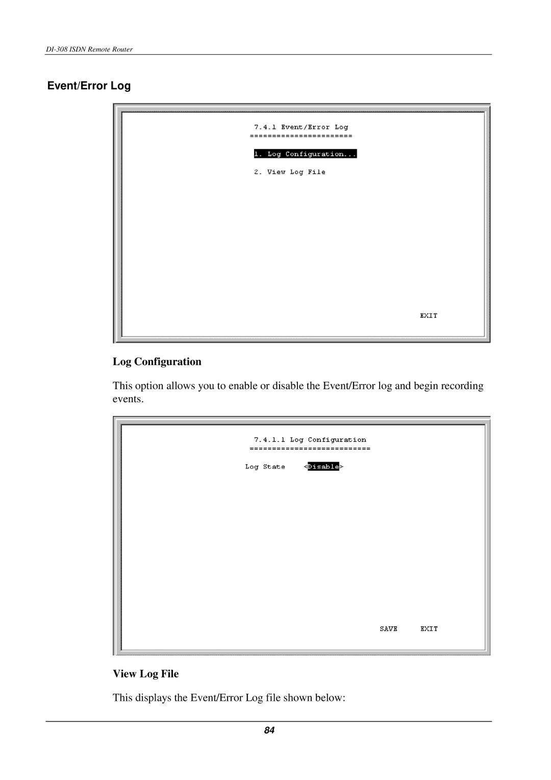 D-Link DI-308 manual Event/Error Log, Log Configuration 