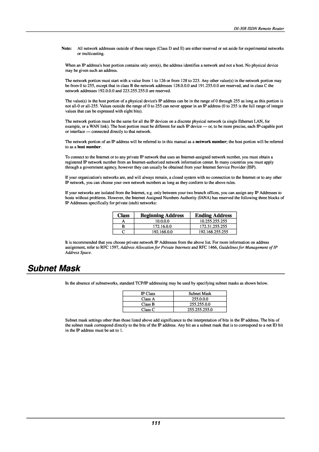 D-Link DI-308 manual Subnet Mask, Class, Beginning Address, Ending Address 
