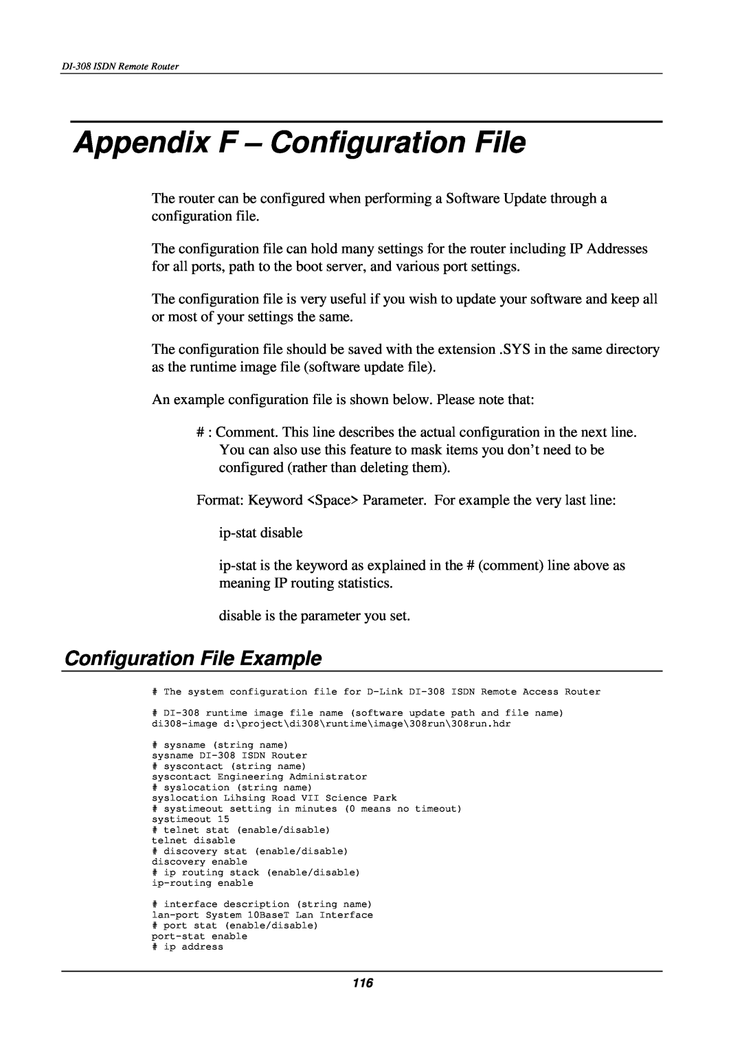 D-Link DI-308 manual Appendix F - Configuration File, Configuration File Example 