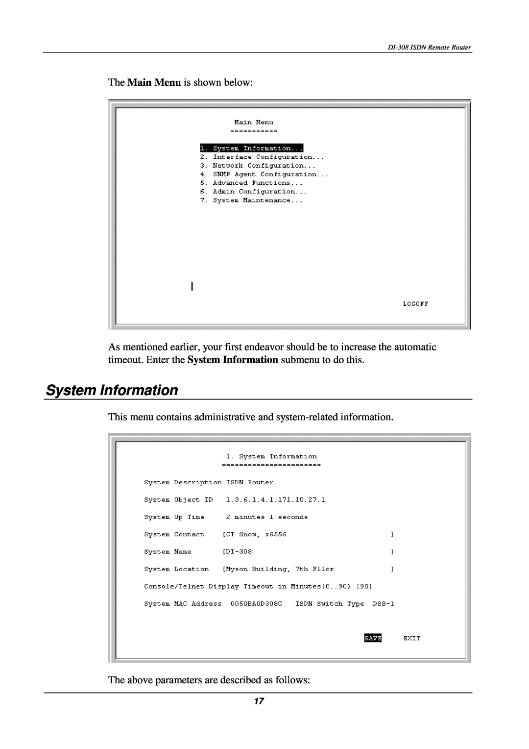 D-Link DI-308 manual System Information, The Main Menu is shown below, The above parameters are described as follows 