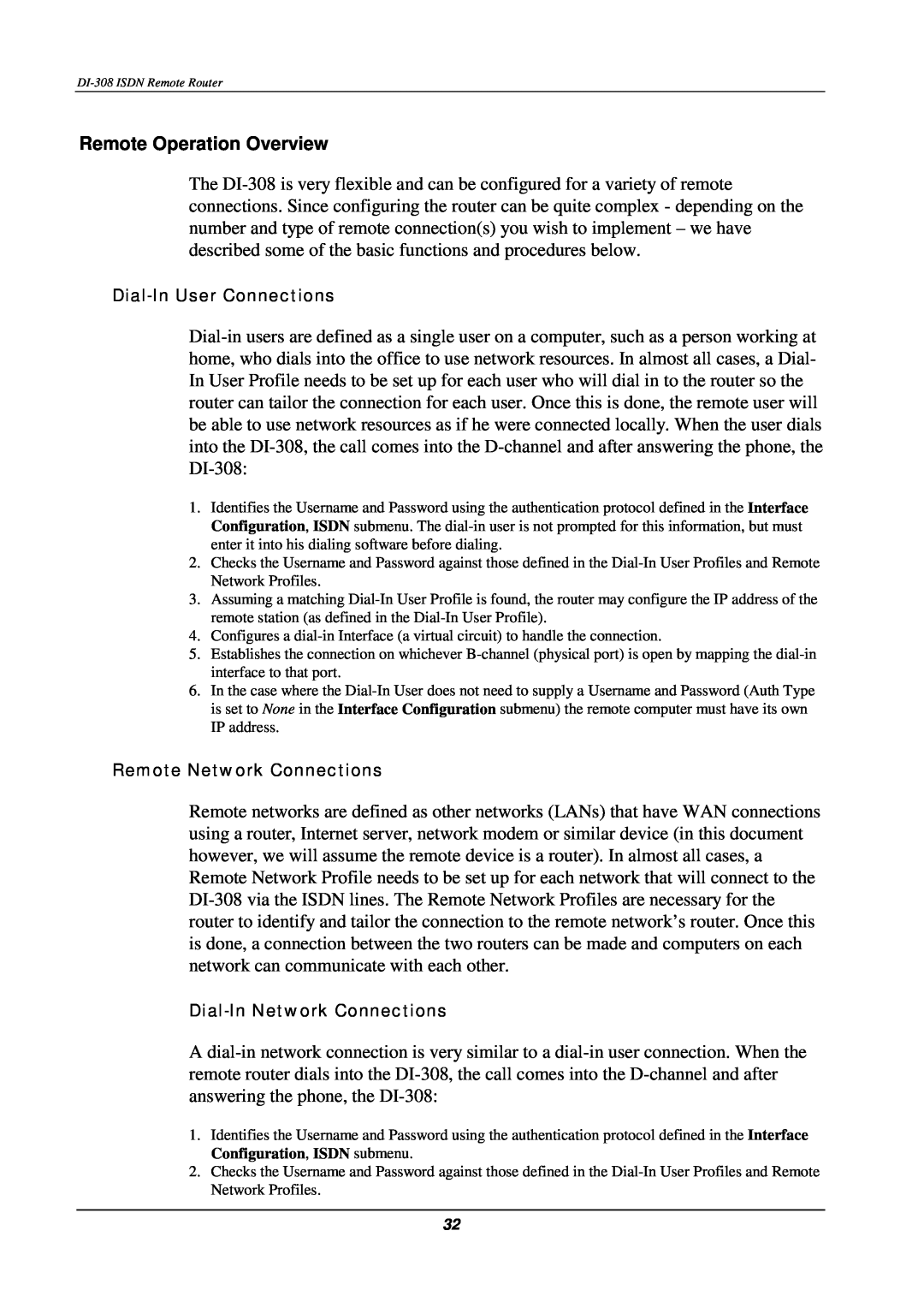 D-Link DI-308 Remote Operation Overview, Dial-In User Connections, Remote Network Connections, Dial-In Network Connections 