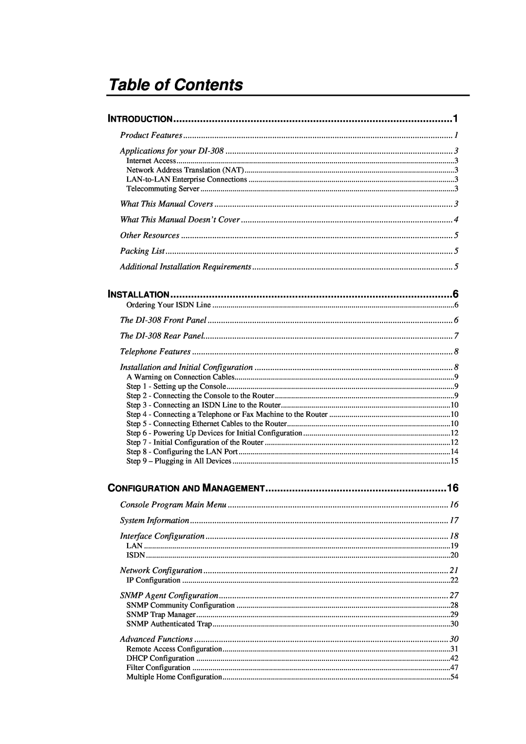 D-Link DI-308 manual Table of Contents, Introduction, Installation, Configuration And Management 