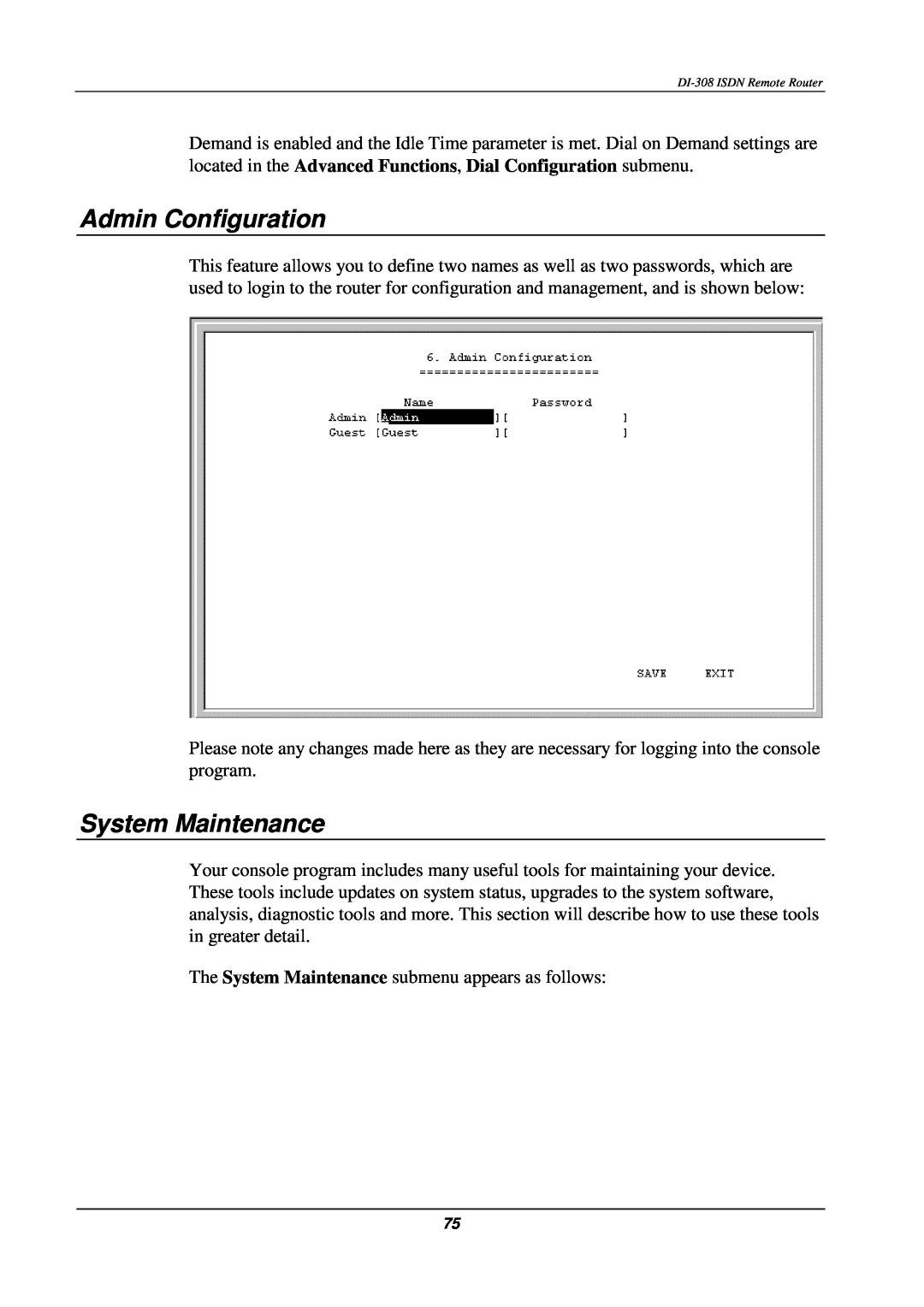 D-Link DI-308 manual Admin Configuration, System Maintenance 