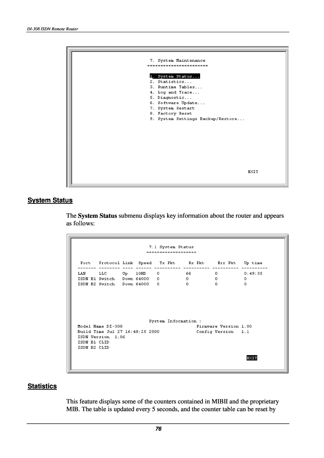 D-Link DI-308 manual System Status, Statistics 
