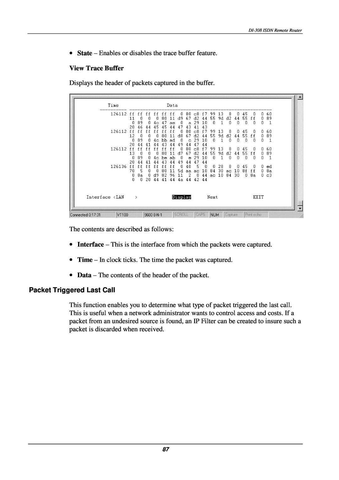 D-Link DI-308 manual View Trace Buffer, Packet Triggered Last Call 