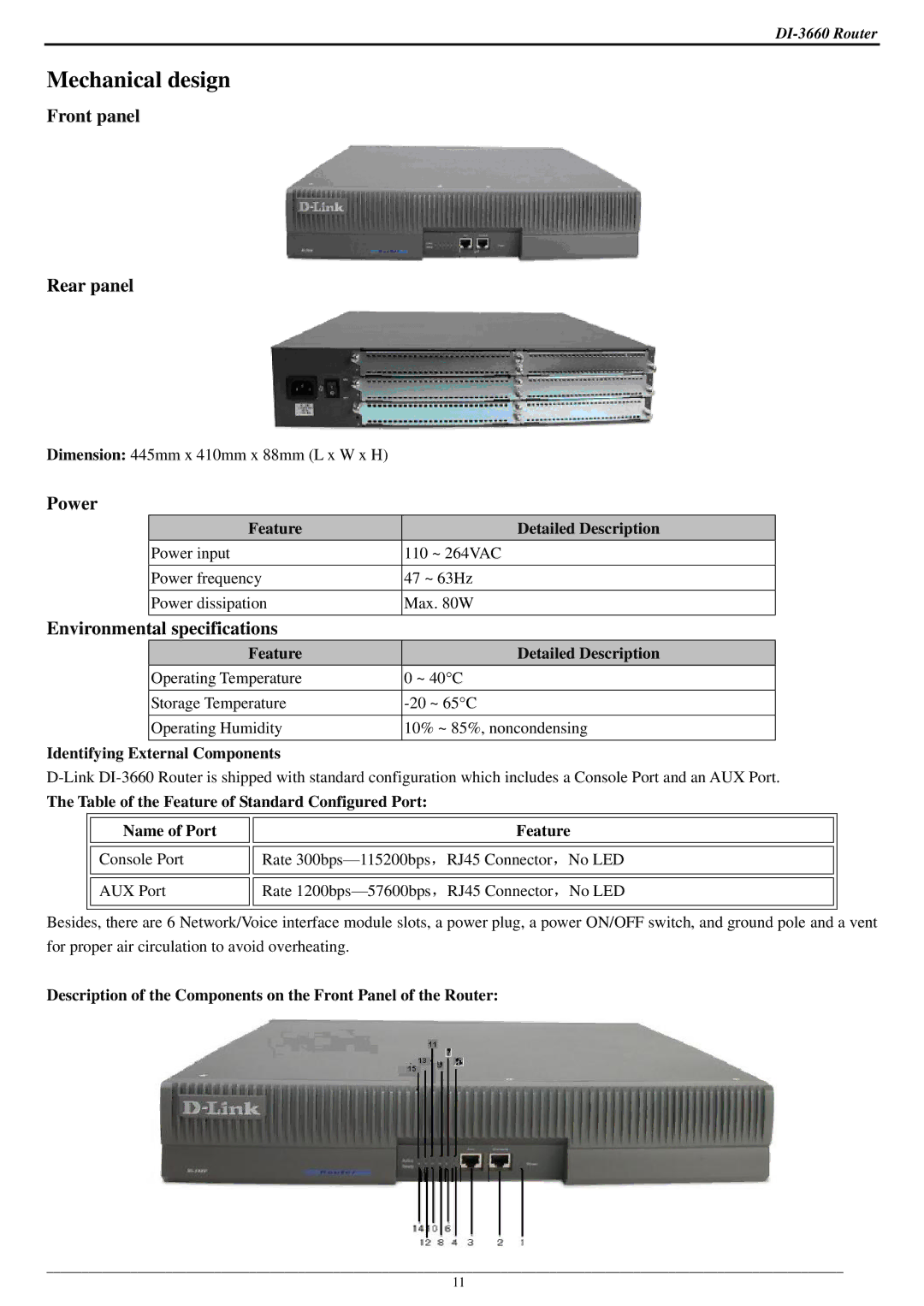 D-Link DI-3660 manual Front panel Rear panel, Power, Specifications 