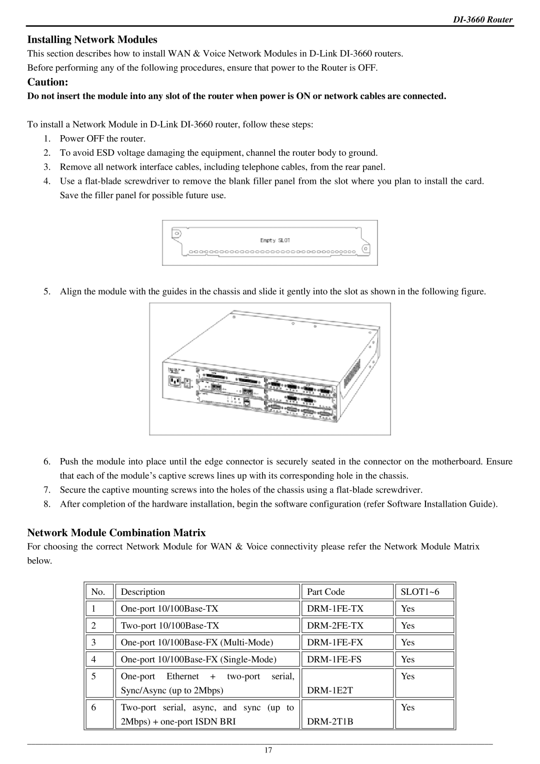 D-Link DI-3660 manual Installing Network Modules, Network Module Combination Matrix 