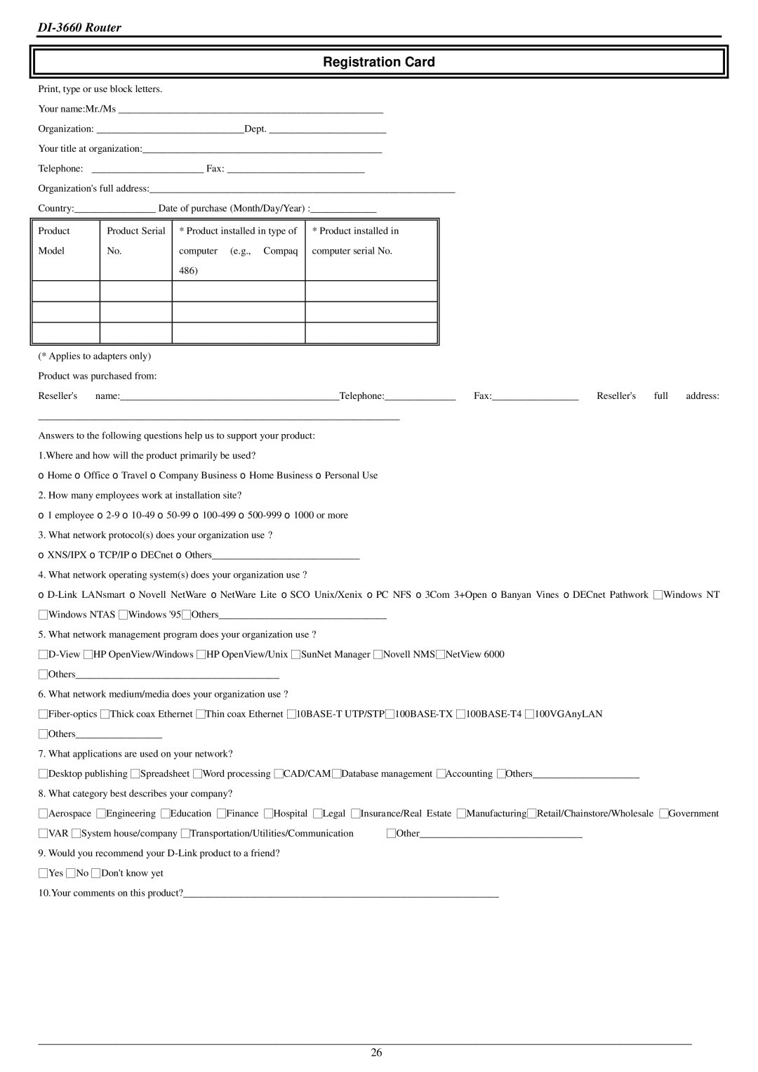 D-Link DI-3660 manual Registration Card 