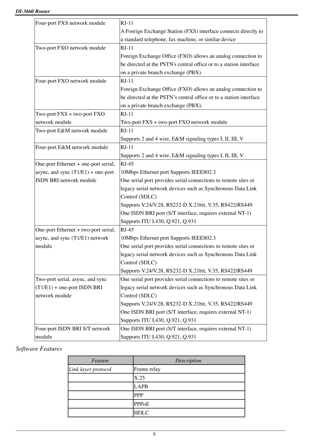 D-Link DI-3660 manual Software Features, Feature Description Link layer protocol 