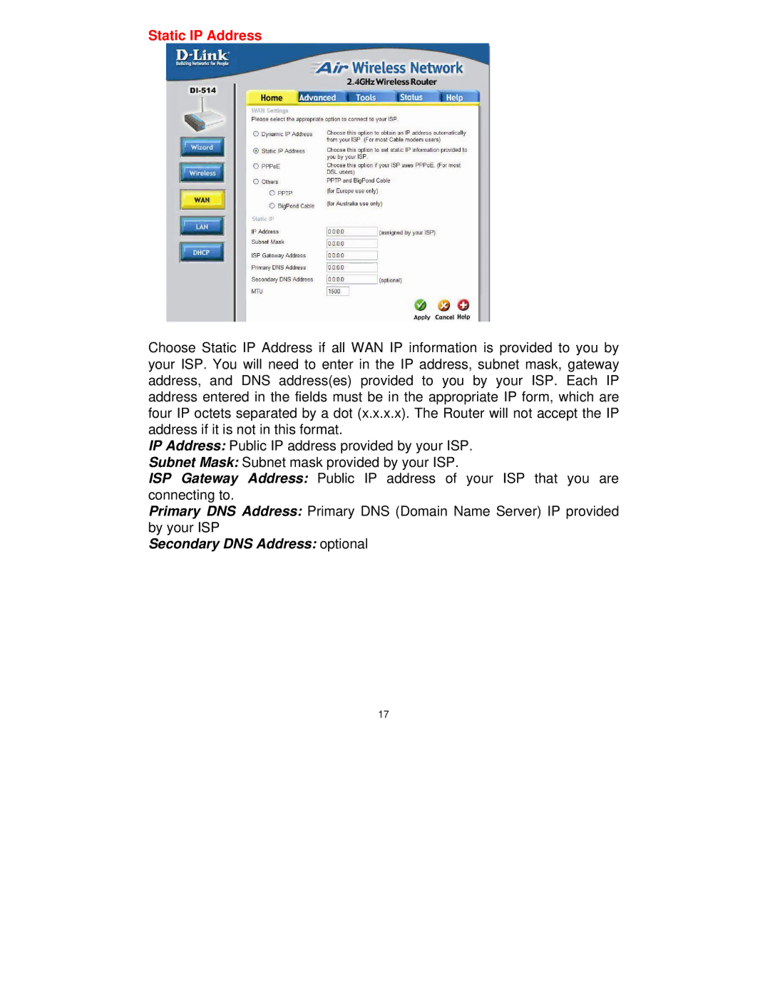 D-Link DI-514 manual Secondary DNS Address optional 