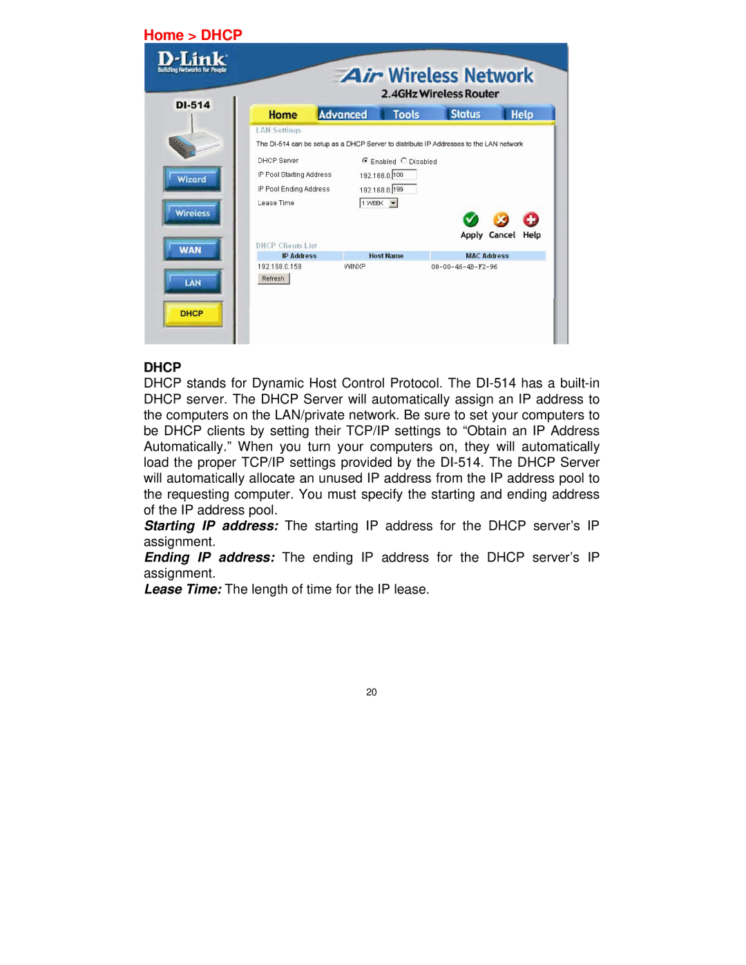 D-Link DI-514 manual Home Dhcp 