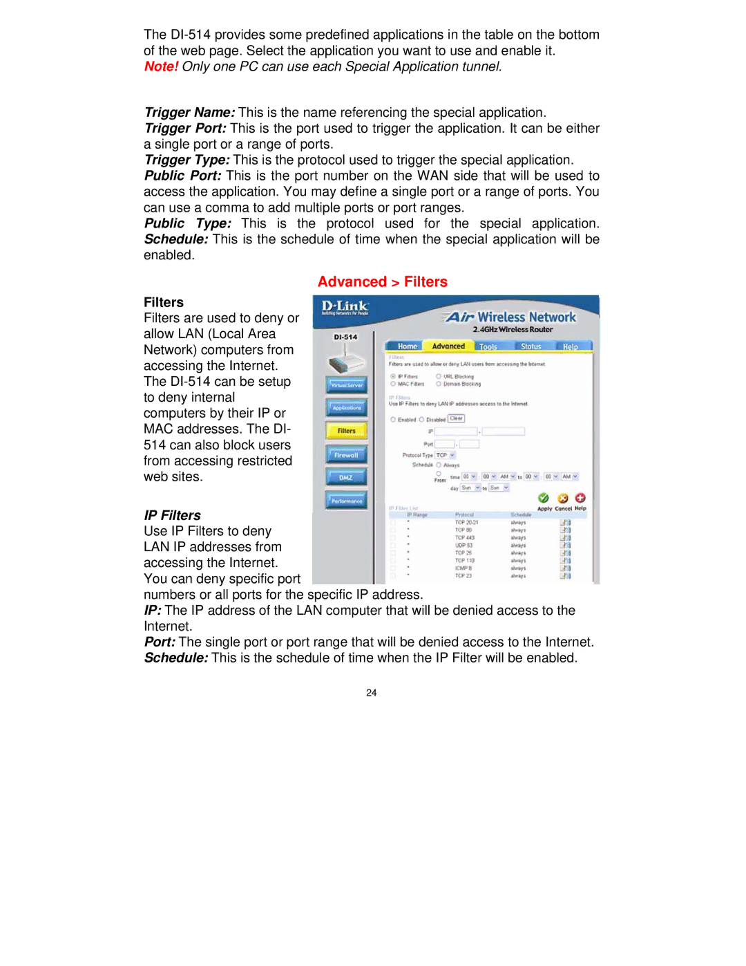 D-Link DI-514 manual Advanced Filters 