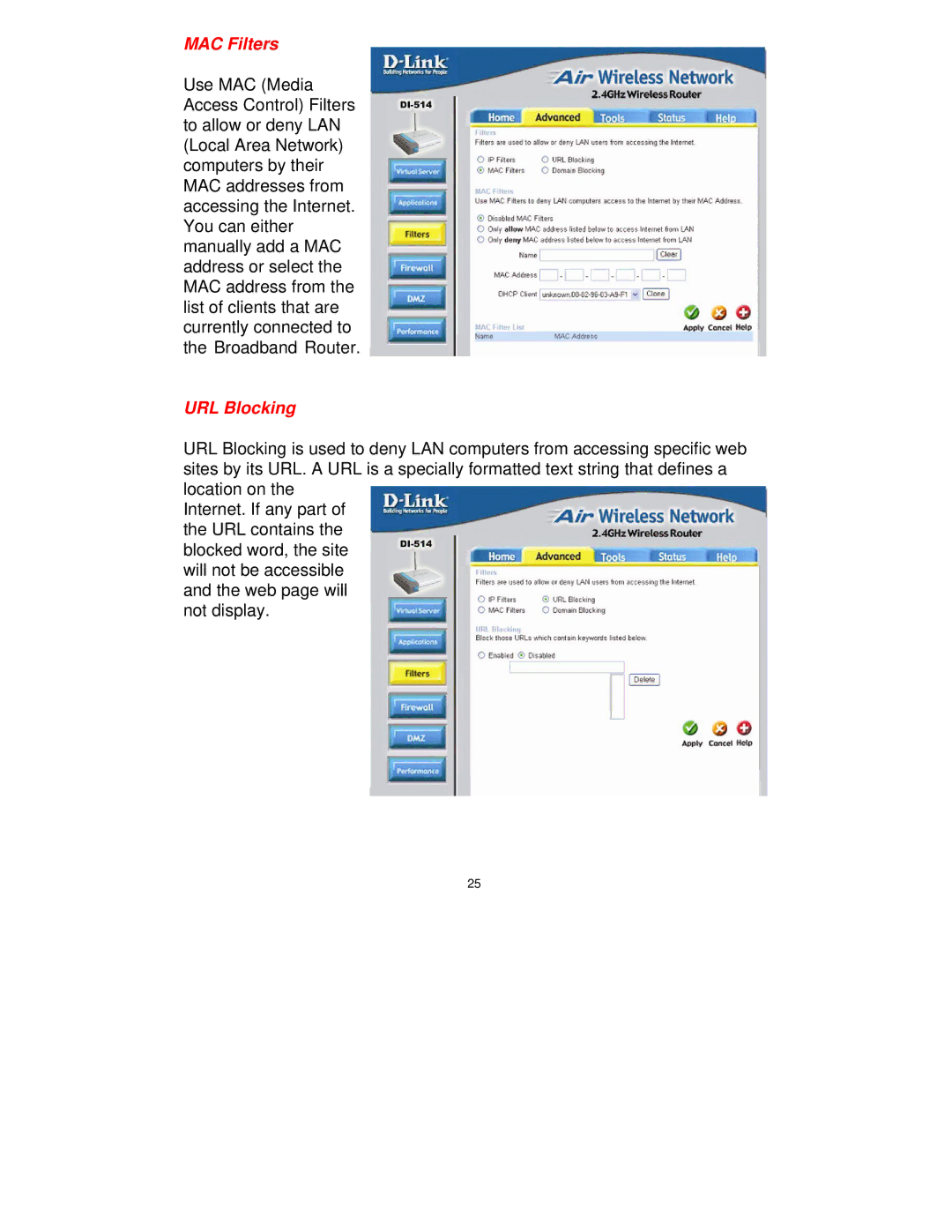 D-Link DI-514 manual MAC Filters 