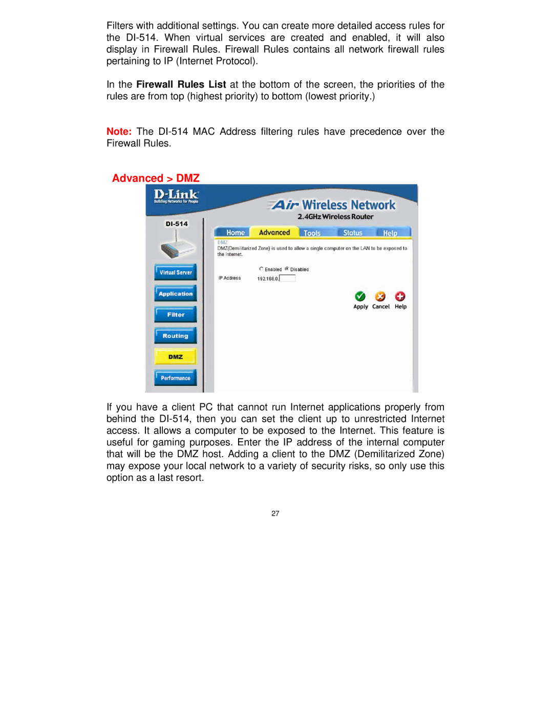 D-Link DI-514 manual Advanced DMZ 