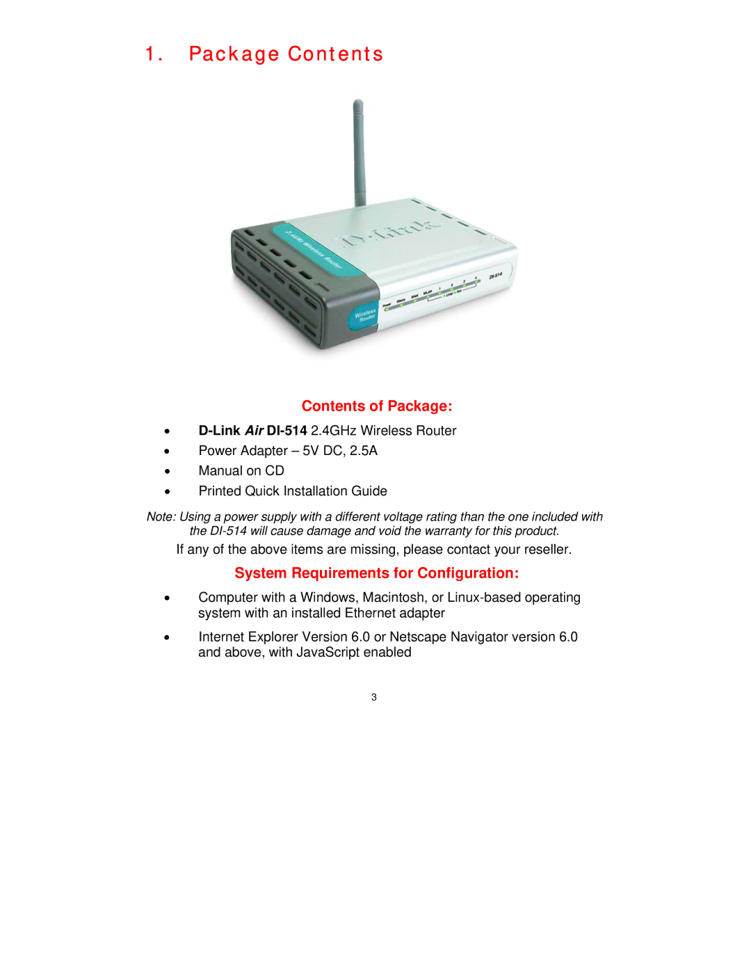 D-Link DI-514 manual Package Contents 