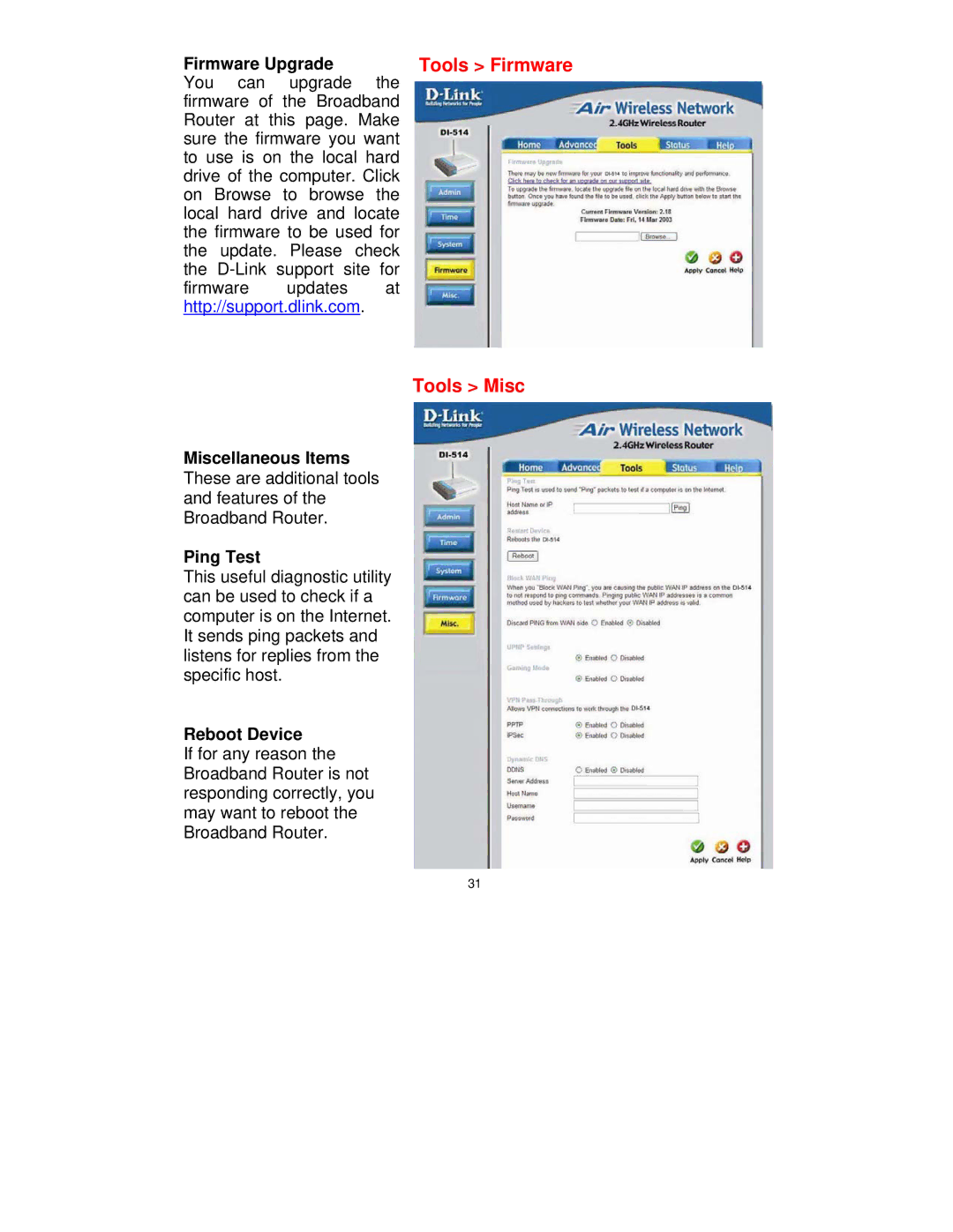 D-Link DI-514 manual Tools Firmware, Tools Misc 