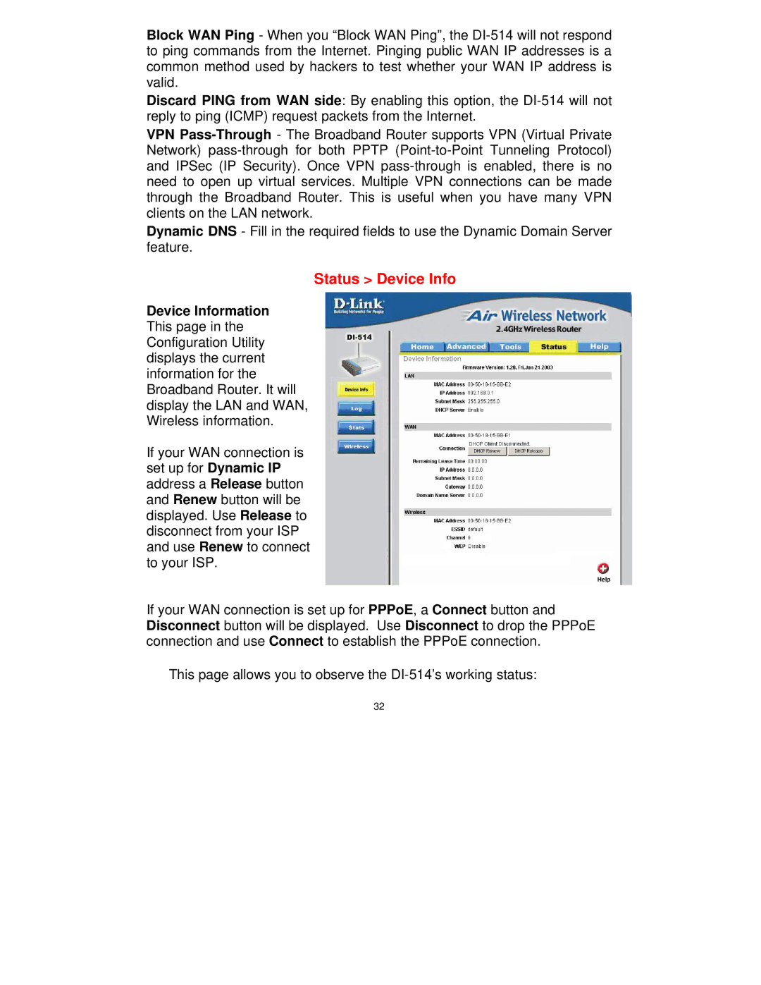 D-Link DI-514 manual Status Device Info 