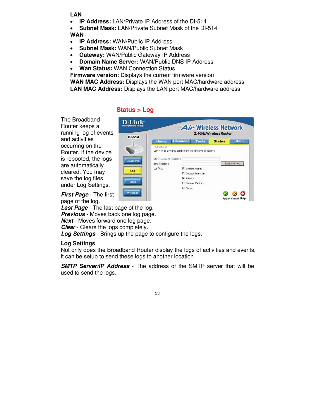 D-Link DI-514 manual Status Log, Log Settings 