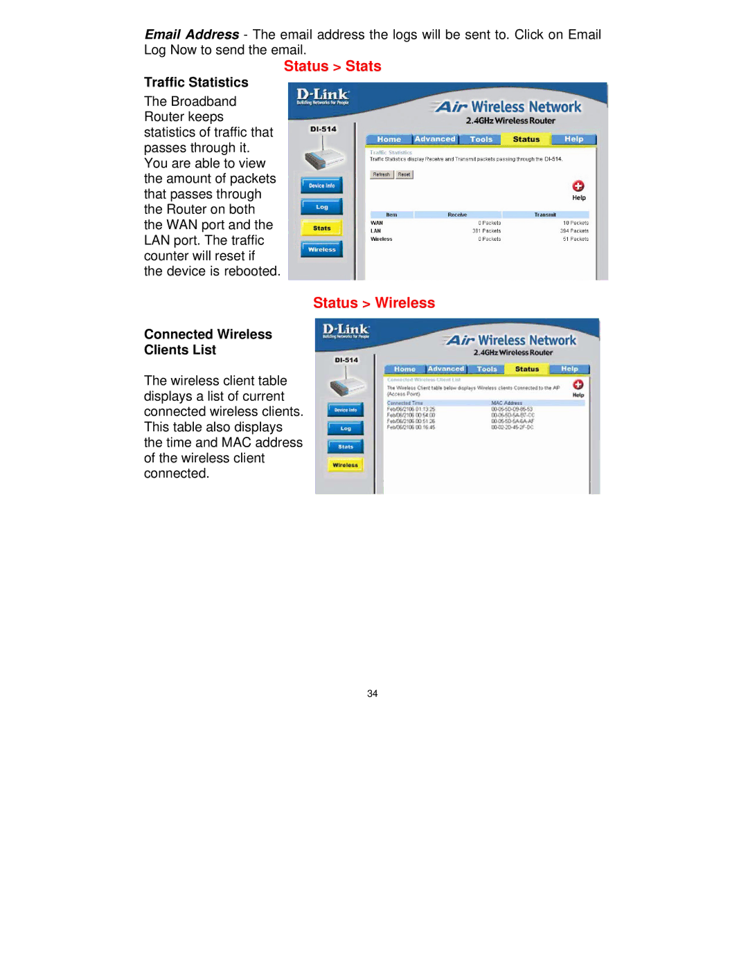 D-Link DI-514 manual Status Stats, Status Wireless, Traffic Statistics, Connected Wireless Clients List 