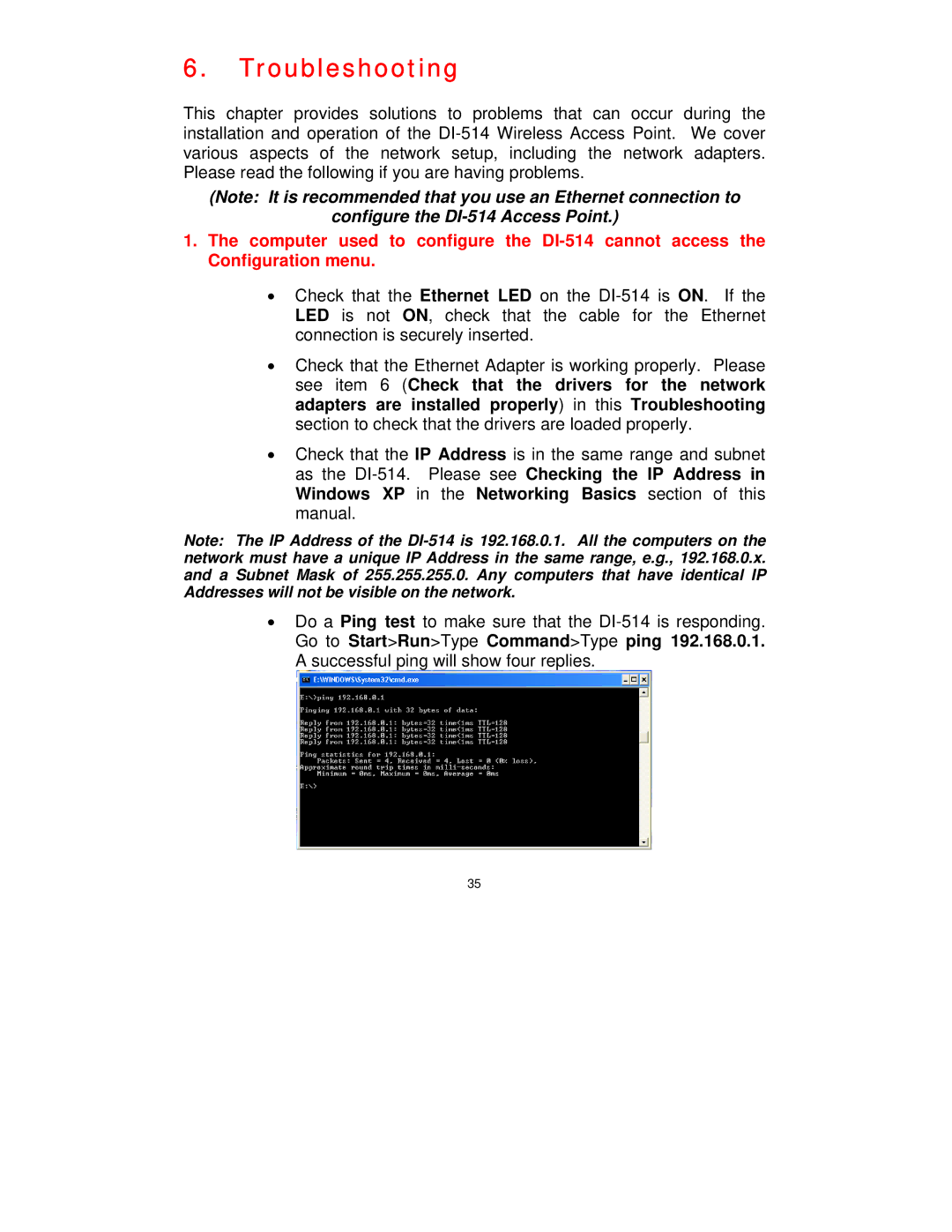 D-Link manual Troubleshooting, Configure the DI-514 Access Point 