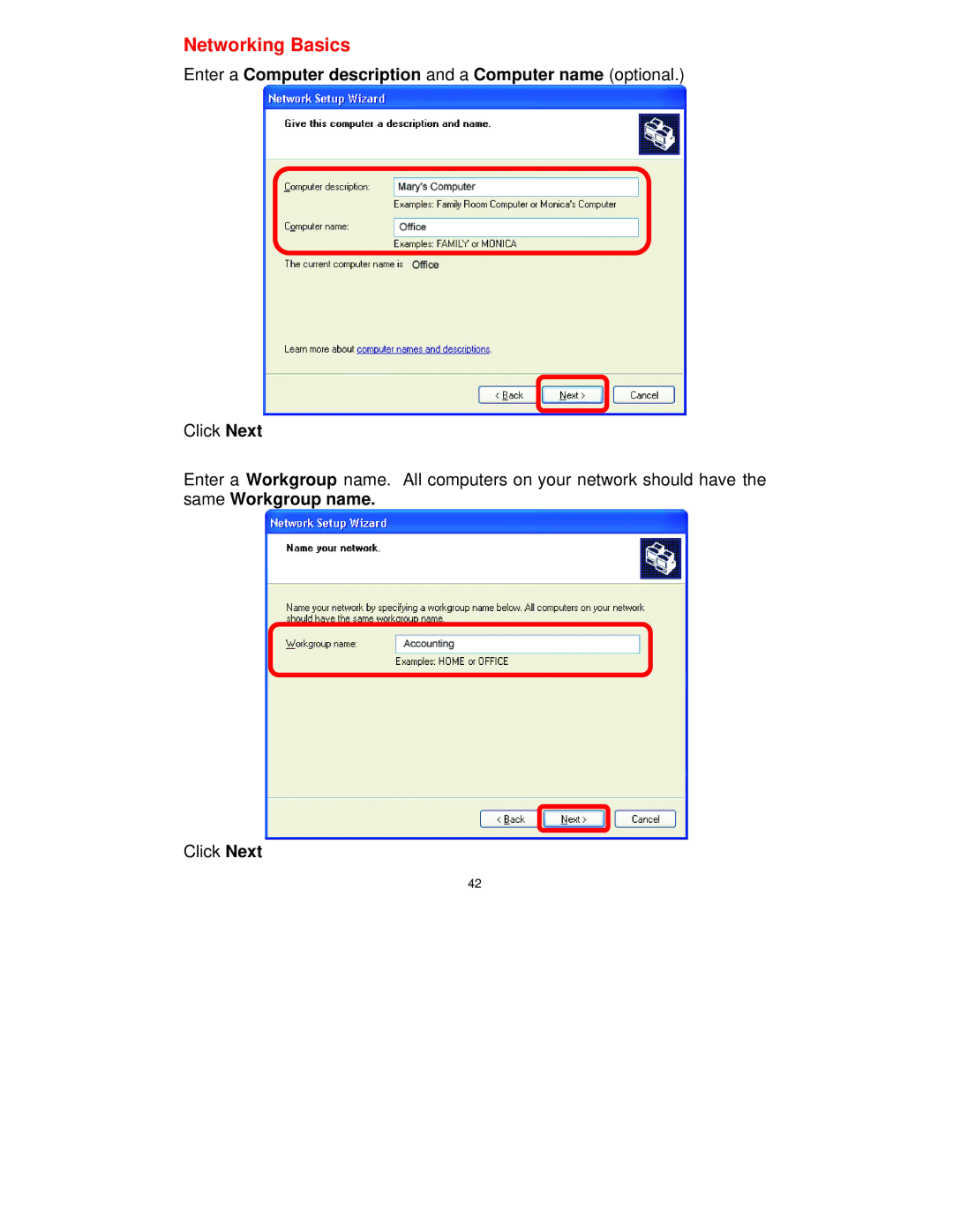 D-Link DI-514 manual Enter a Computer description and a Computer name optional 