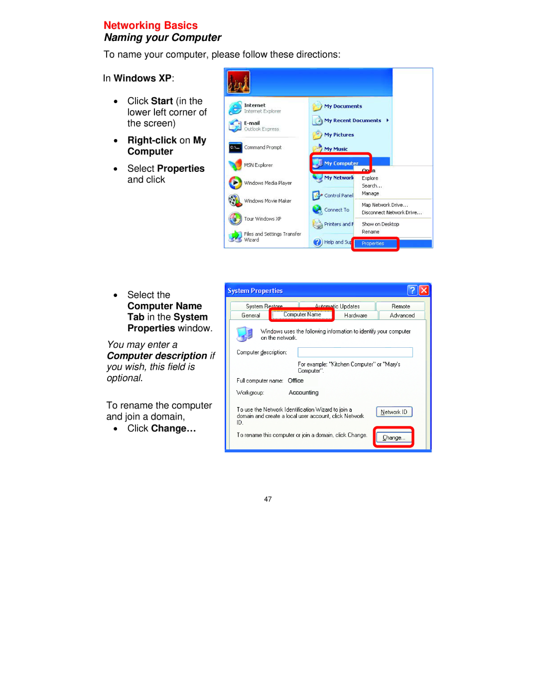 D-Link DI-514 manual Windows XP, Right-click on My Computer Select Properties and click, Click Change… 