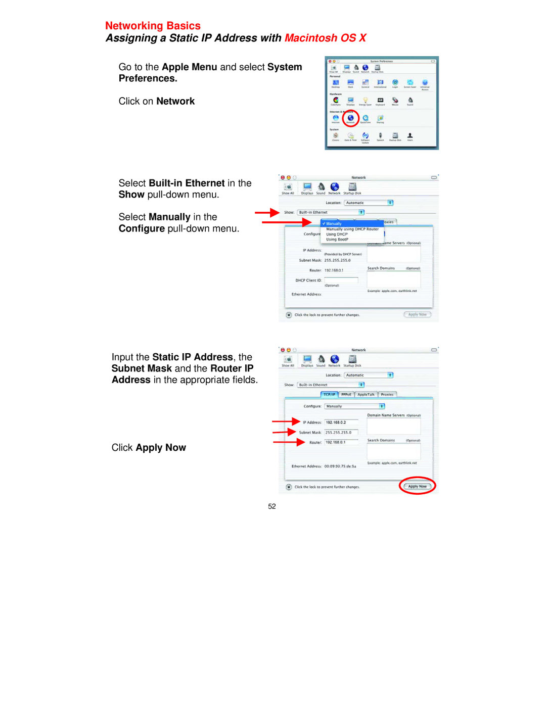 D-Link DI-514 manual Preferences, Select Built-in Ethernet, Input the Static IP Address, Subnet Mask and the Router IP 