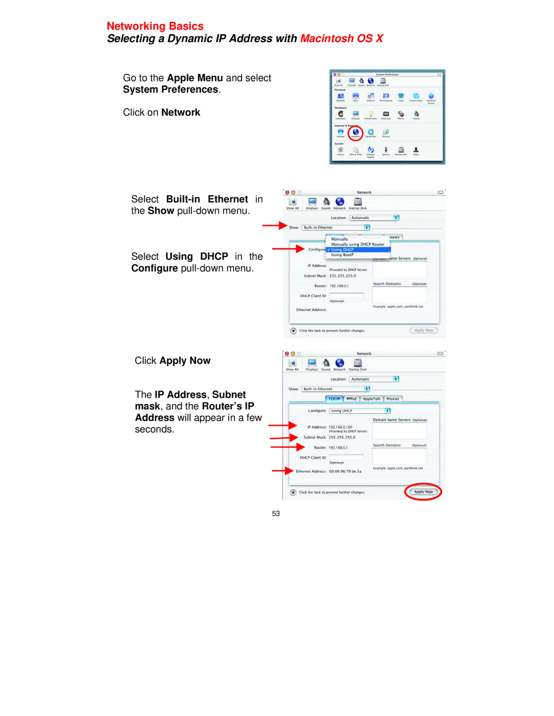 D-Link DI-514 manual System Preferences, Select Built-in Ethernet in the Show pull-down menu 