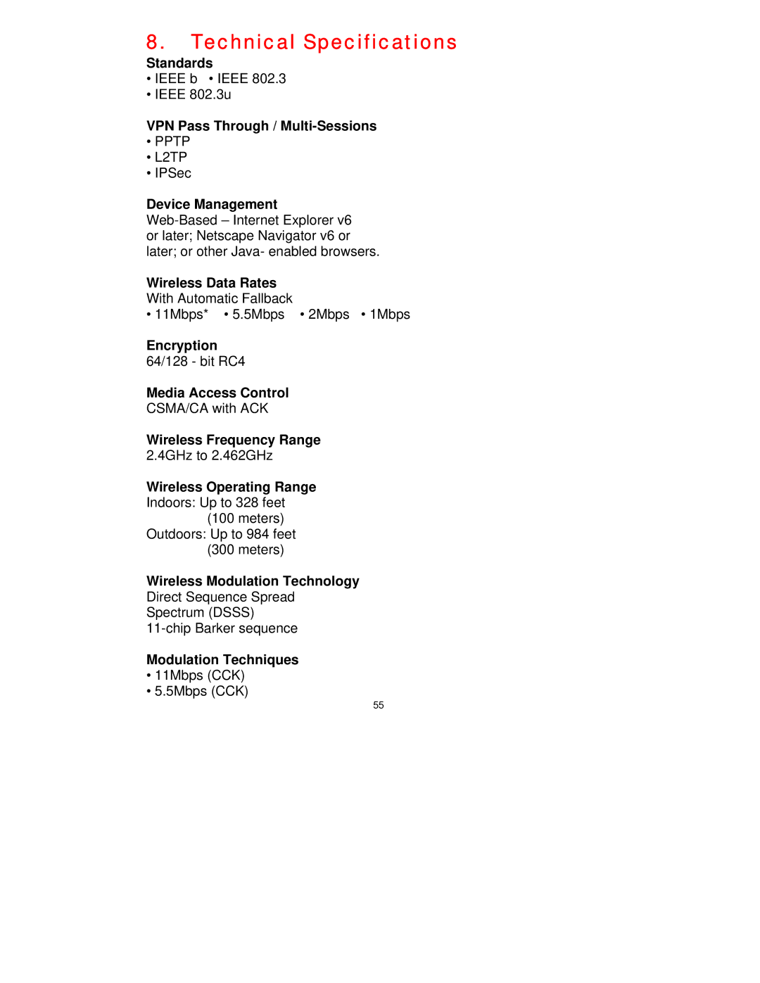 D-Link DI-514 manual Technical Specifications, Standards, VPN Pass Through / Multi-Sessions, Modulation Techniques 