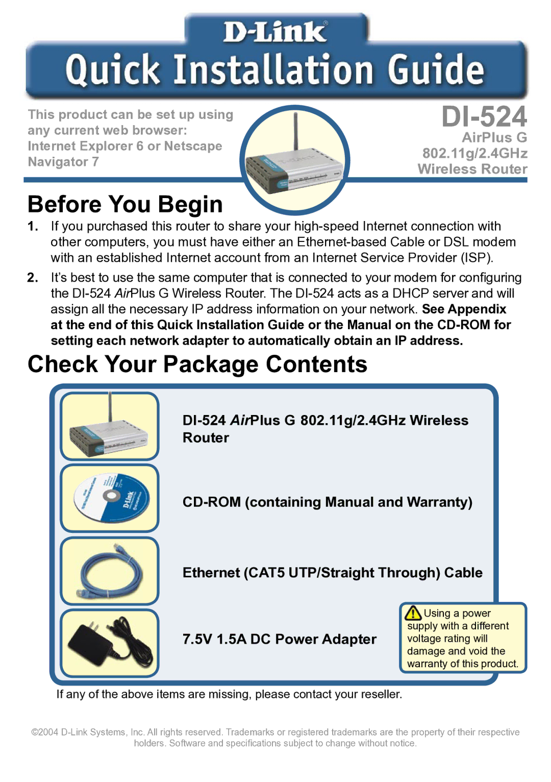 D-Link Di-524 specifications Before You Begin, Check Your Package Contents 