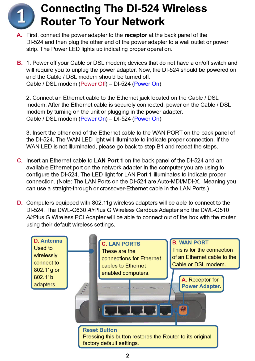 D-Link Di-524 specifications Connecting The DI-524 Wireless Router To Your Network, LAN Ports 