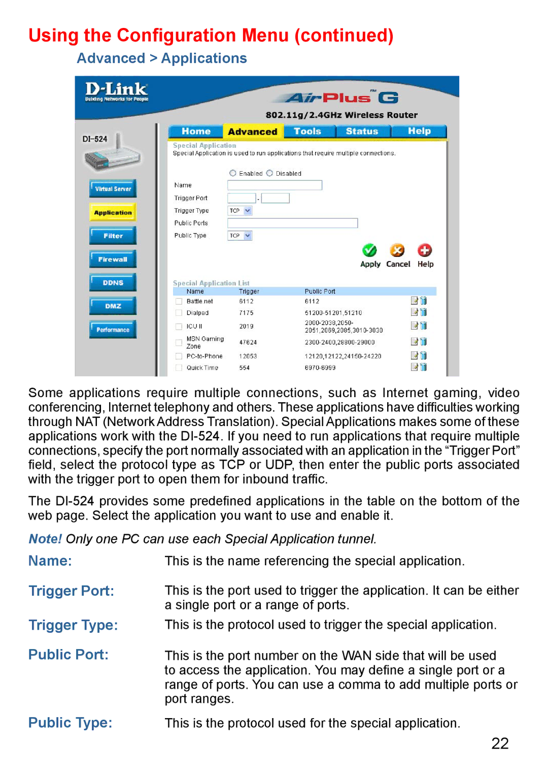 D-Link Di-524 manual Advanced Applications 