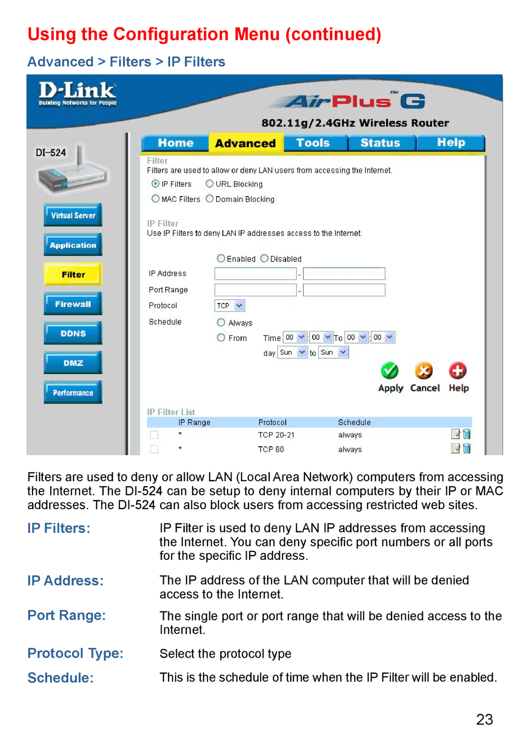 D-Link Di-524 manual Advanced Filters IP Filters 