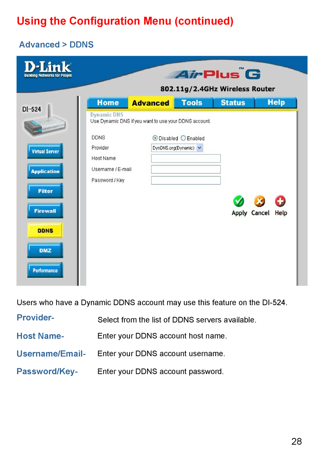 D-Link Di-524 manual Advanced Ddns 