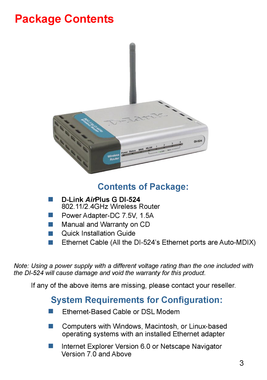 D-Link Di-524 manual Package Contents 