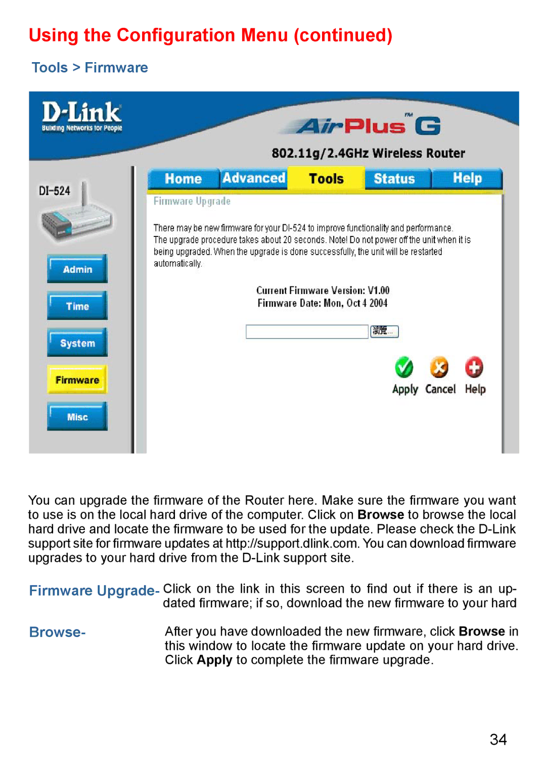 D-Link Di-524 manual Tools Firmware, Browse 