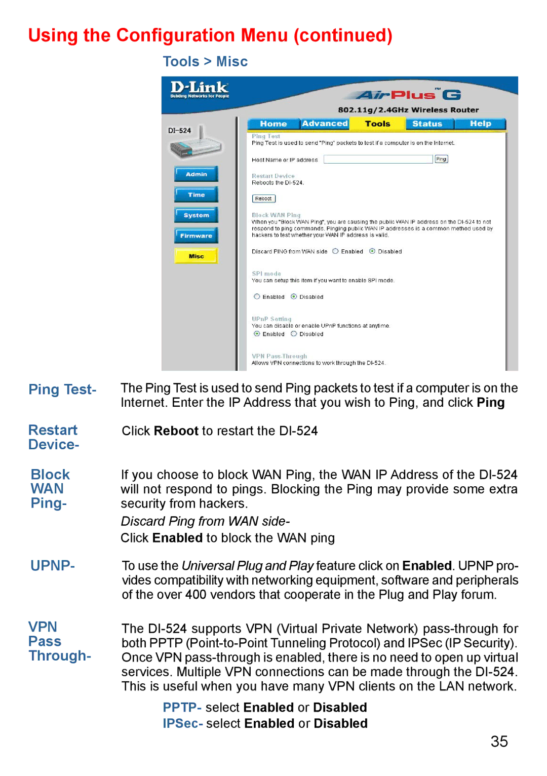 D-Link Di-524 manual Tools Misc Ping Test Restart Device Block, Pass Through 