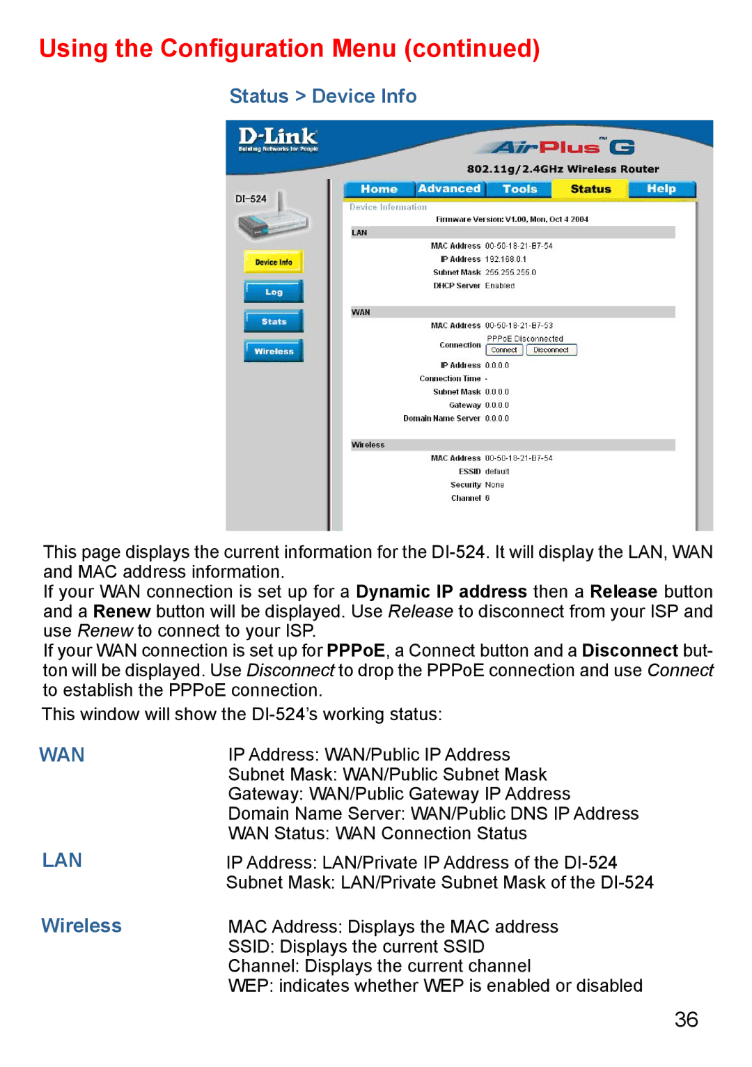 D-Link Di-524 manual Status Device Info, Wireless 