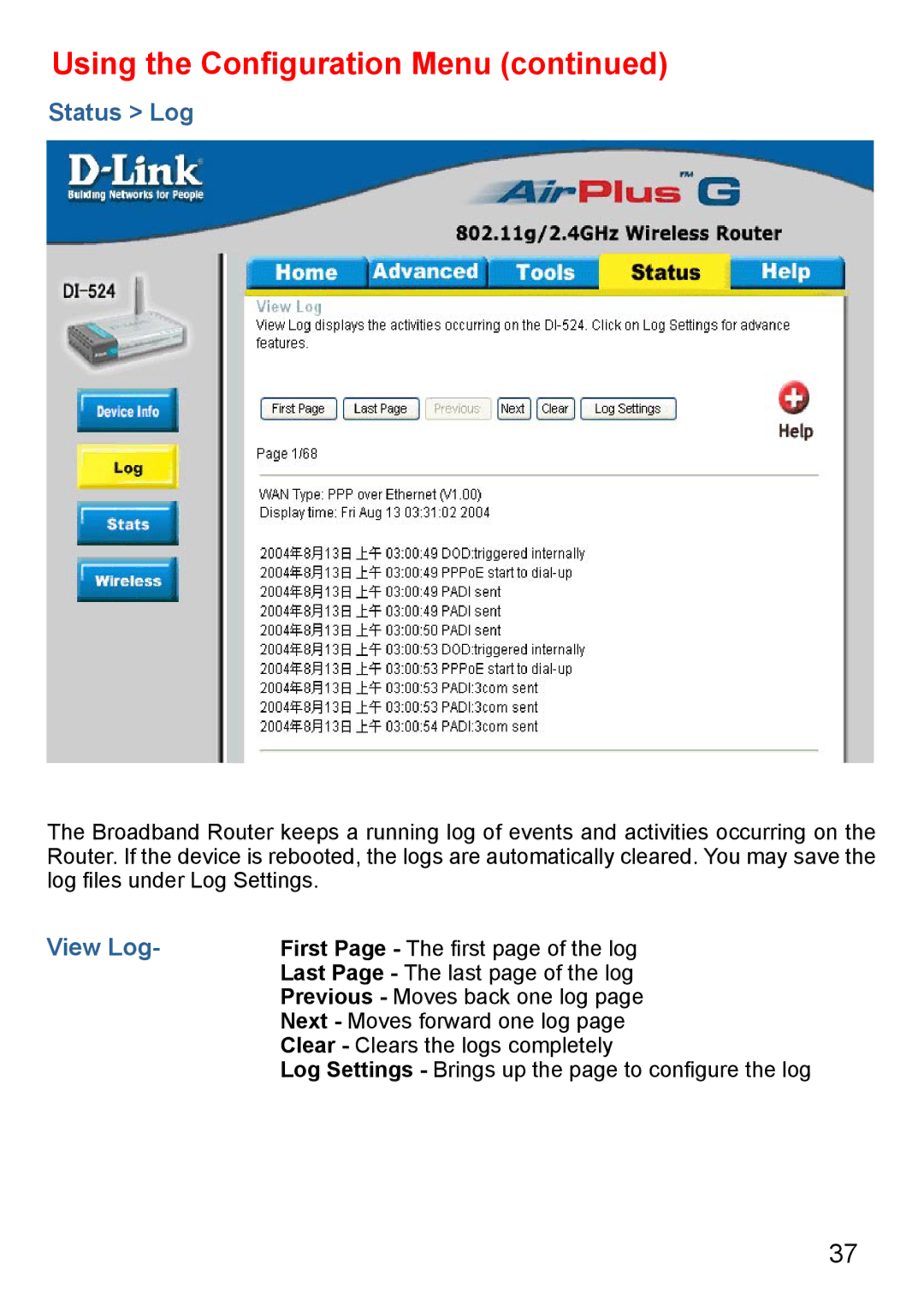 D-Link Di-524 manual Status Log, View Log 