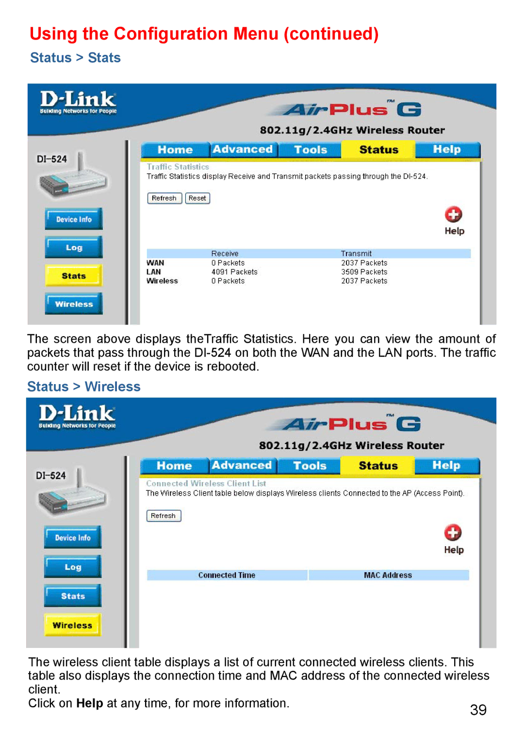 D-Link Di-524 manual Status Stats, Status Wireless 