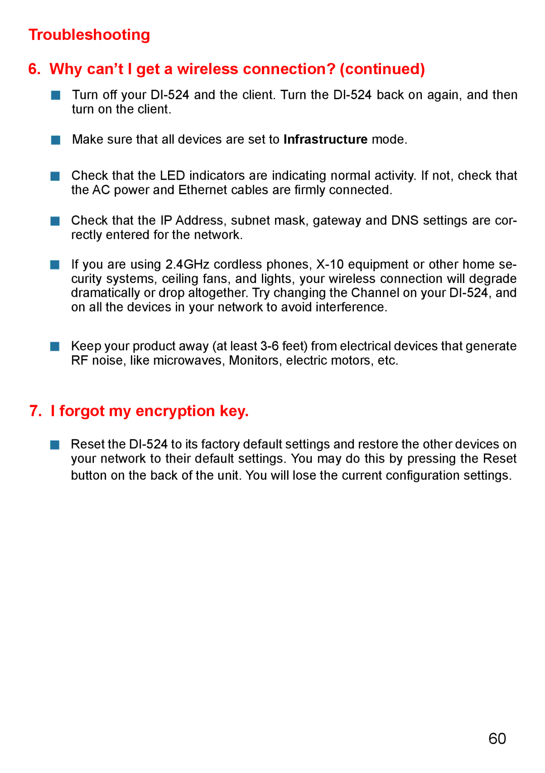 D-Link Di-524 manual Troubleshooting Why can’t I get a wireless connection? 