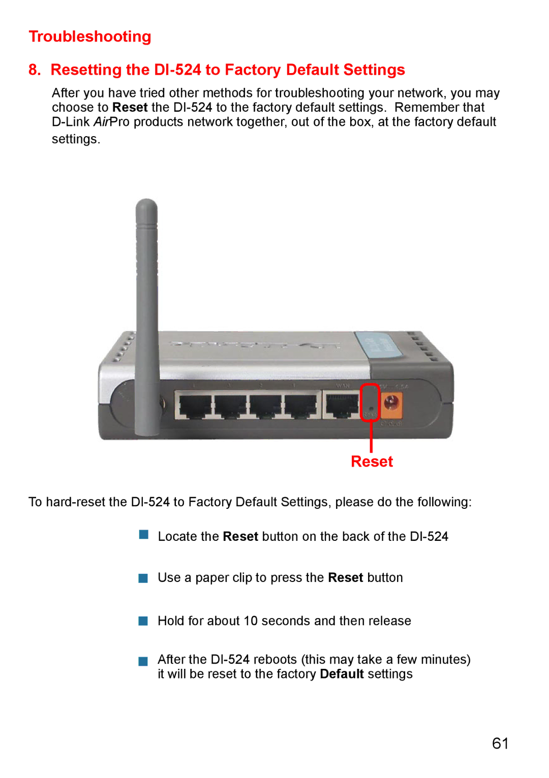 D-Link Di-524 manual Reset 