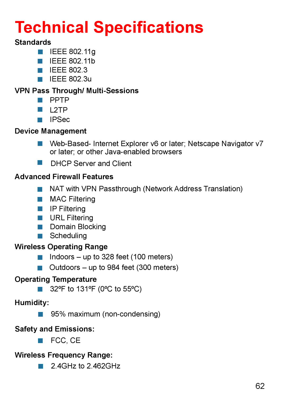 D-Link Di-524 manual Technical Speciﬁcations 